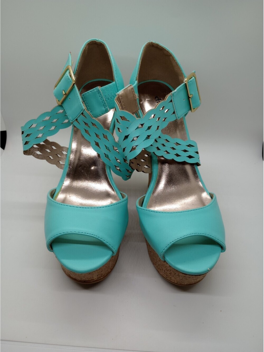 Charlotte Russe Sandals 7 Wedge Teal Open Peep Toe Buckle Strap Shoes Heel 207